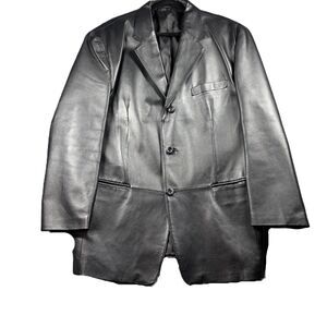 J Ferrar Men Leather Blazer Jacket Three Button Preppy Sport Coat Black Large